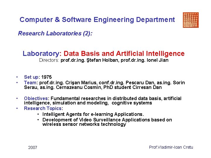 Computer & Software Engineering Department Research Laboratories (2): Laboratory: Data Basis and Artificial Intelligence