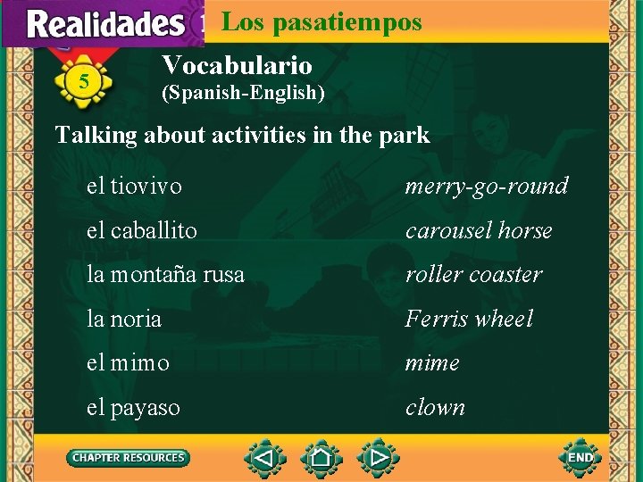 Los pasatiempos 5 Vocabulario (Spanish-English) Talking about activities in the park el tiovivo merry-go-round