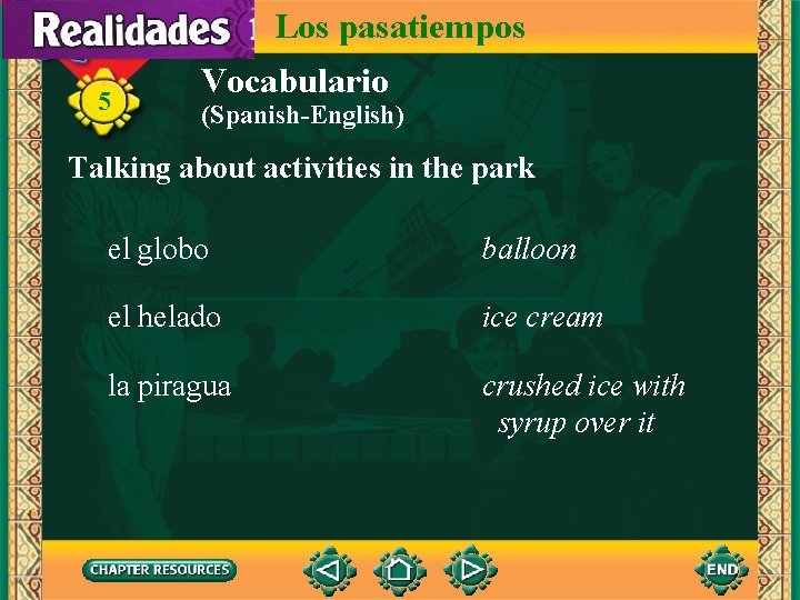 Los pasatiempos 5 Vocabulario (Spanish-English) Talking about activities in the park el globo balloon