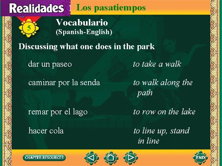 Los pasatiempos 5 Vocabulario (Spanish-English) Discussing what one does in the park dar un
