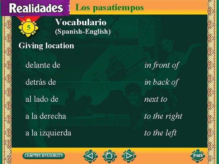 Los pasatiempos 5 Vocabulario (Spanish-English) Giving location delante de in front of detrás de