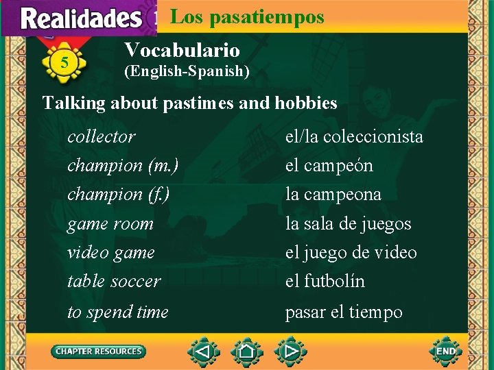 Los pasatiempos 5 Vocabulario (English-Spanish) Talking about pastimes and hobbies collector champion (m. )