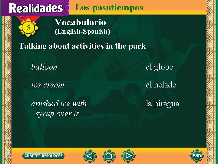 Los pasatiempos 5 Vocabulario (English-Spanish) Talking about activities in the park balloon el globo