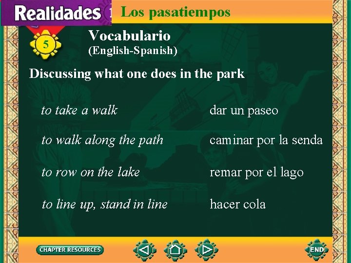 Los pasatiempos 5 Vocabulario (English-Spanish) Discussing what one does in the park to take