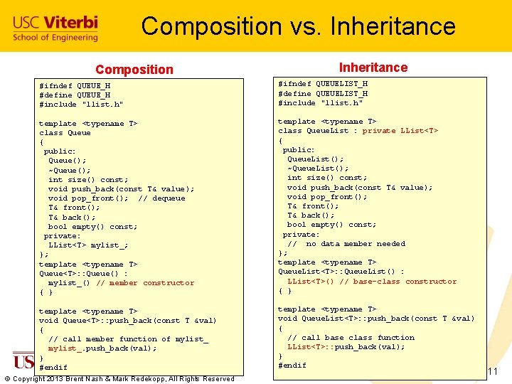 Composition vs. Inheritance Composition Inheritance #ifndef QUEUE_H #define QUEUE_H #include "llist. h" #ifndef QUEUELIST_H