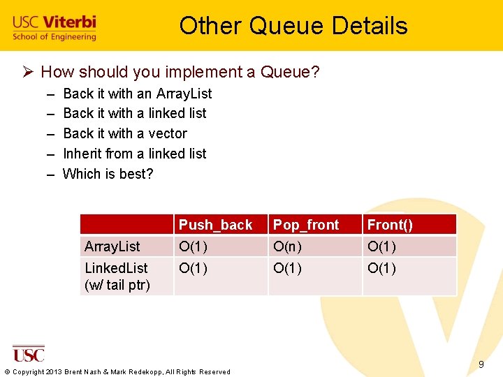 Other Queue Details Ø How should you implement a Queue? – – – Back