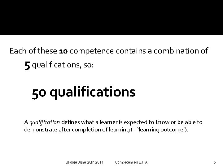 Each of these 10 competence contains a combination of 5 qualifications, so: 50 qualifications
