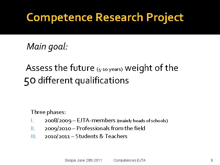 Competence Research Project Main goal: Assess the future (5 -10 years) weight of the