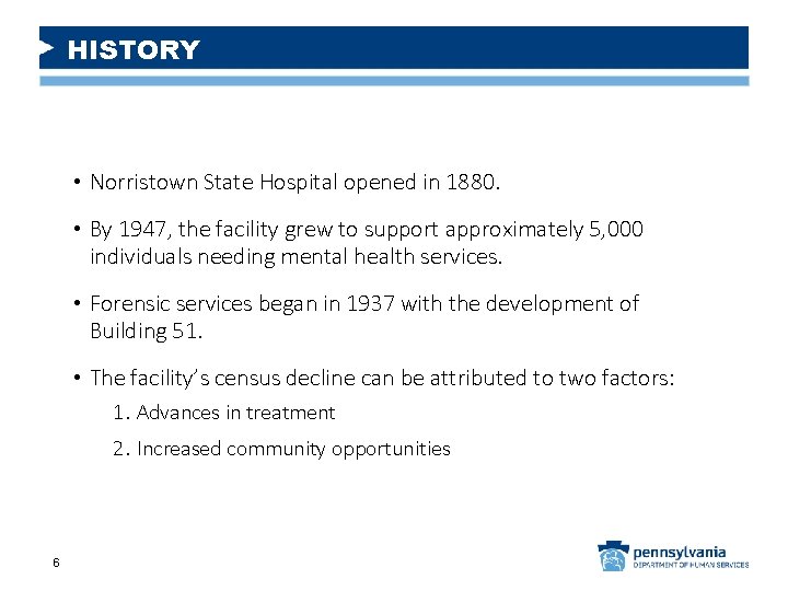 HISTORY • Norristown State Hospital opened in 1880. • By 1947, the facility grew