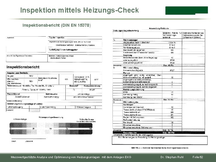 Inspektion mittels Heizungs-Check Inspektionsbericht (DIN EN 15378) Messwertgestützte Analyse und Optimierung von Heizungsanlagen mit