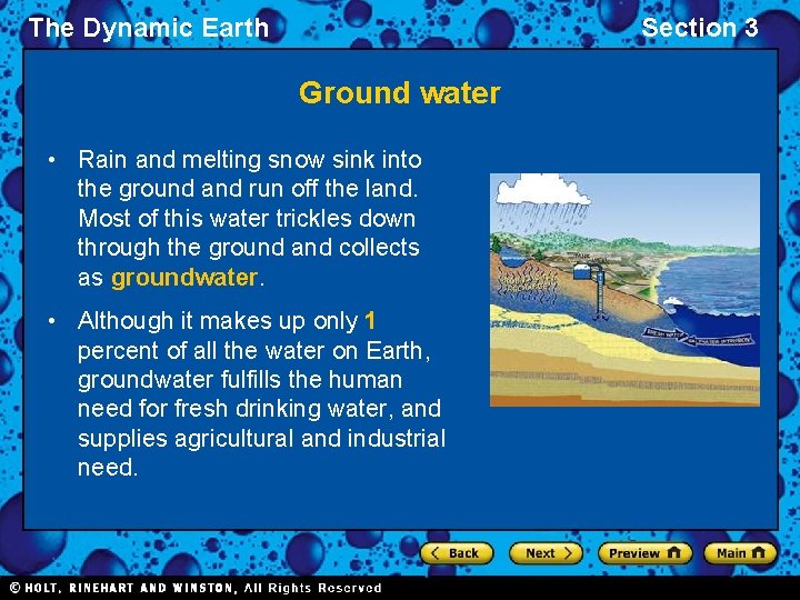 The Dynamic Earth Section 3 Ground water • Rain and melting snow sink into