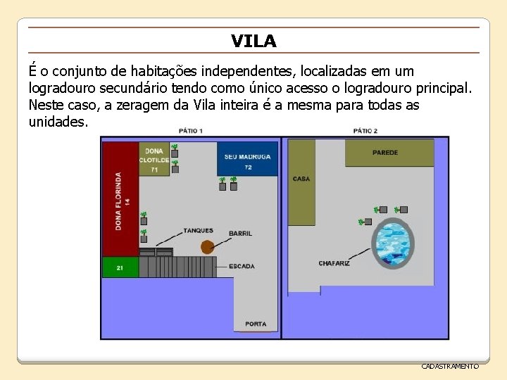 VILA É o conjunto de habitações independentes, localizadas em um logradouro secundário tendo como