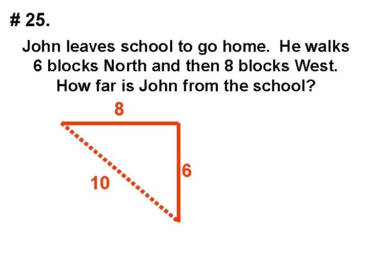# 25. John leaves school to go home. He walks 6 blocks North and