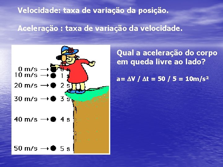 Velocidade: taxa de variação da posição. Aceleração : taxa de variação da velocidade. Qual Velocidade: taxa de variação da posição. Aceleração : taxa de variação da velocidade. Qual