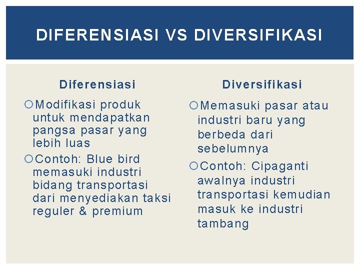 DIFERENSIASI VS DIVERSIFIKASI Diferensiasi Diversifikasi Modifikasi produk untuk mendapatkan pangsa pasar yang lebih luas
