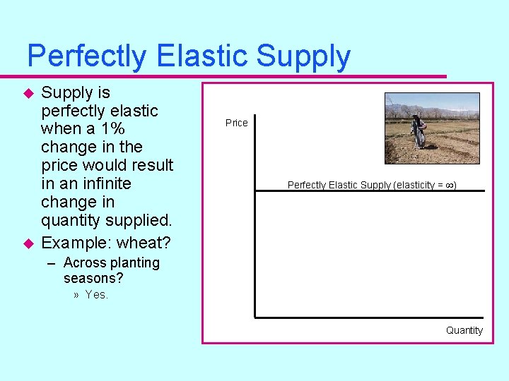 Perfectly Elastic Supply u u Supply is perfectly elastic when a 1% change in