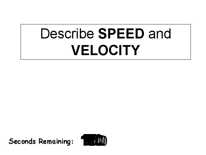 Describe SPEED and VELOCITY Seconds Remaining: 140 120 130 30 40 50 60 70