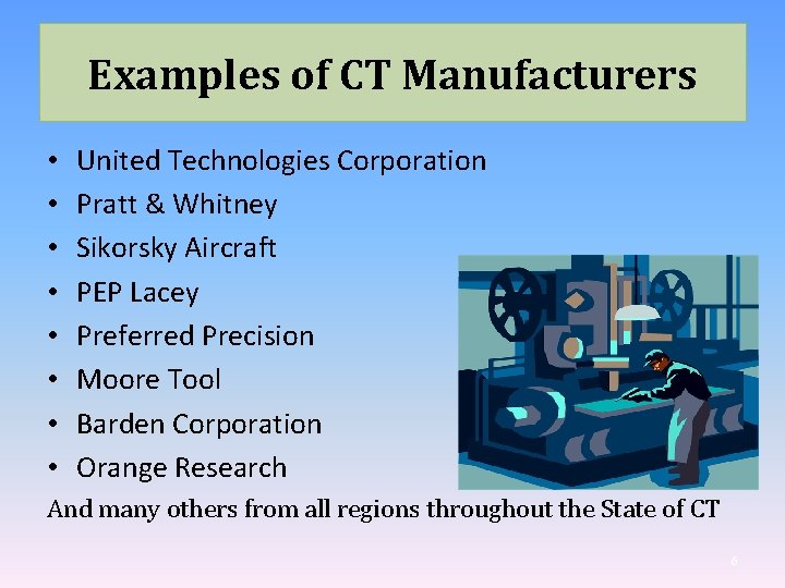 Examples of CT Manufacturers • • United Technologies Corporation Pratt & Whitney Sikorsky Aircraft