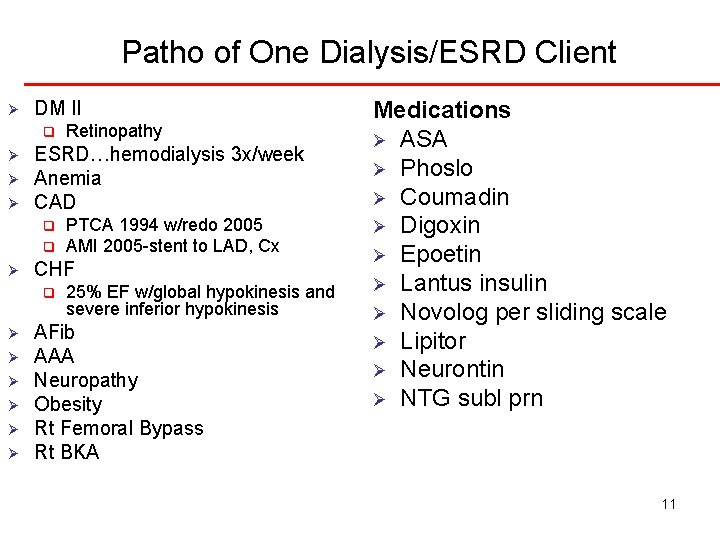 Patho of One Dialysis/ESRD Client Ø DM II q Ø Ø Ø ESRD…hemodialysis 3