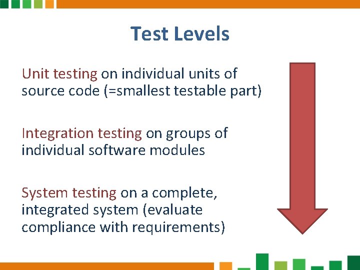 Test Levels Unit testing on individual units of source code (=smallest testable part) Integration