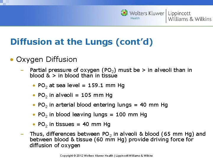 Diffusion at the Lungs (cont’d) • Oxygen Diffusion – Partial pressure of oxygen (PO
