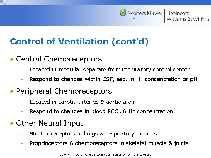 Control of Ventilation (cont’d) • Central Chemoreceptors – Located in medulla, separate from respiratory