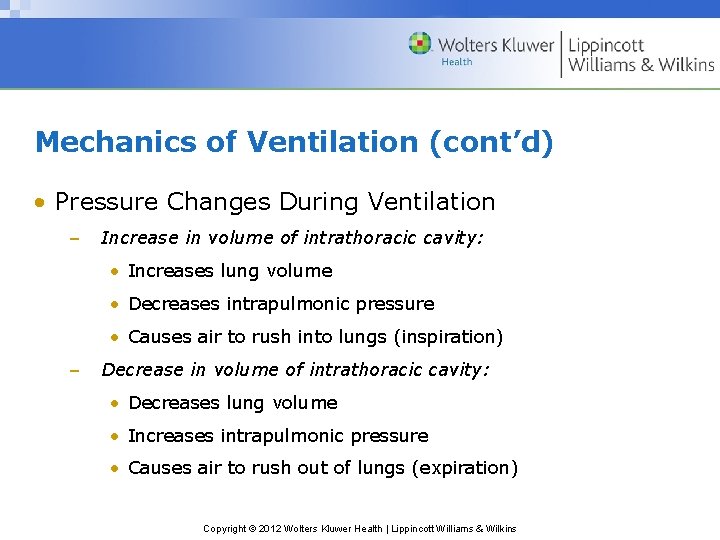 Mechanics of Ventilation (cont’d) • Pressure Changes During Ventilation – Increase in volume of