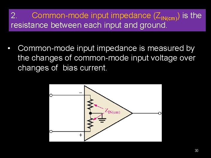 2. Common-mode input impedance (ZIN(cm)) is the resistance between each input and ground. •