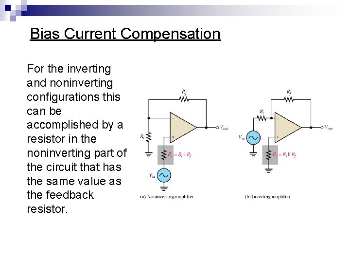 Bias Current Compensation For the inverting and noninverting configurations this can be accomplished by