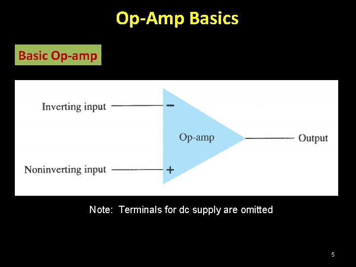 Op-Amp Basics Basic Op-amp Note: Terminals for dc supply are omitted 5 