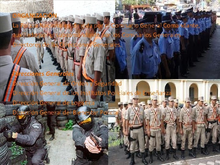 ORGANIZACIÓN La Policía Nacional es dirigida por el Comisario General Comandante, auxiliado por el