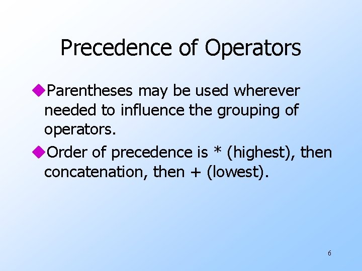 Precedence of Operators u. Parentheses may be used wherever needed to influence the grouping