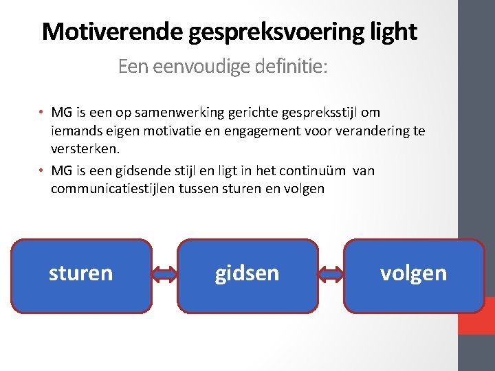 Motiverende gespreksvoering light Een eenvoudige definitie: • MG is een op samenwerking gerichte gespreksstijl Motiverende gespreksvoering light Een eenvoudige definitie: • MG is een op samenwerking gerichte gespreksstijl
