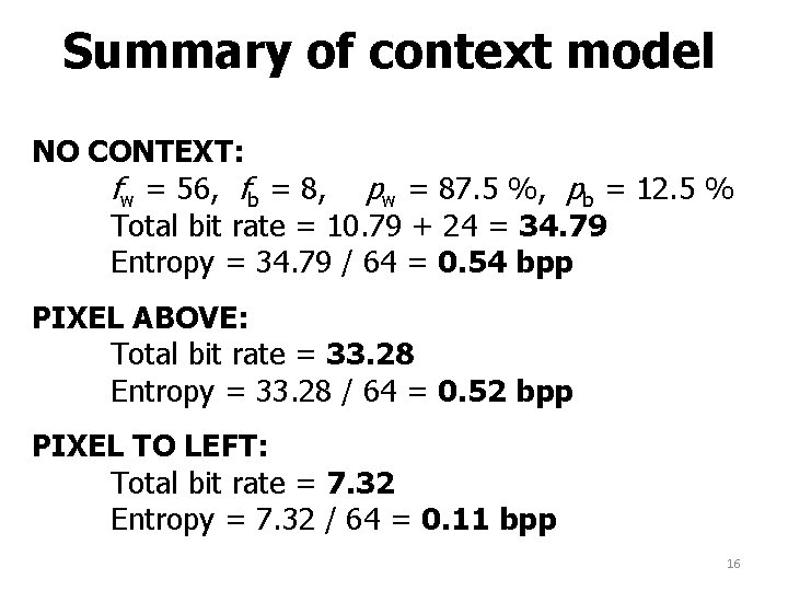 Summary of context model NO CONTEXT: fw = 56, fb = 8, pw =