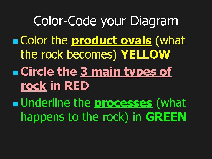 Color-Code your Diagram n Color the product ovals (what the rock becomes) YELLOW n