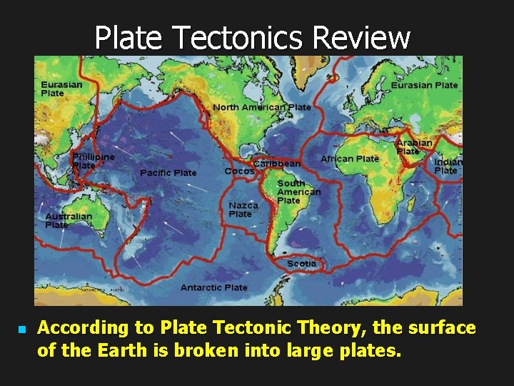 Plate Tectonics Review n According to Plate Tectonic Theory, the surface of the Earth