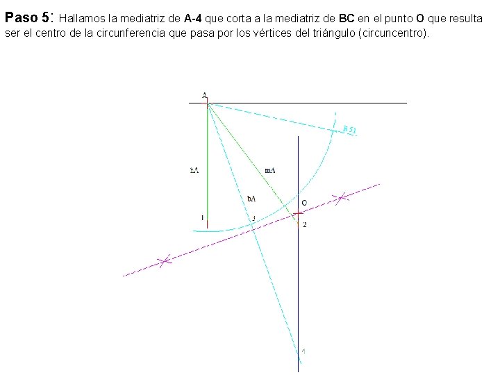 Paso 5: Hallamos la mediatriz de A-4 que corta a la mediatriz de BC