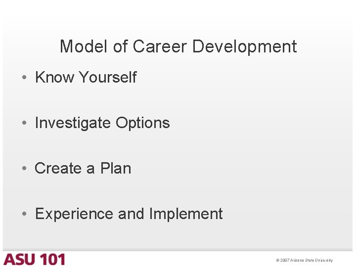 Model of Career Development • Know Yourself • Investigate Options • Create a Plan