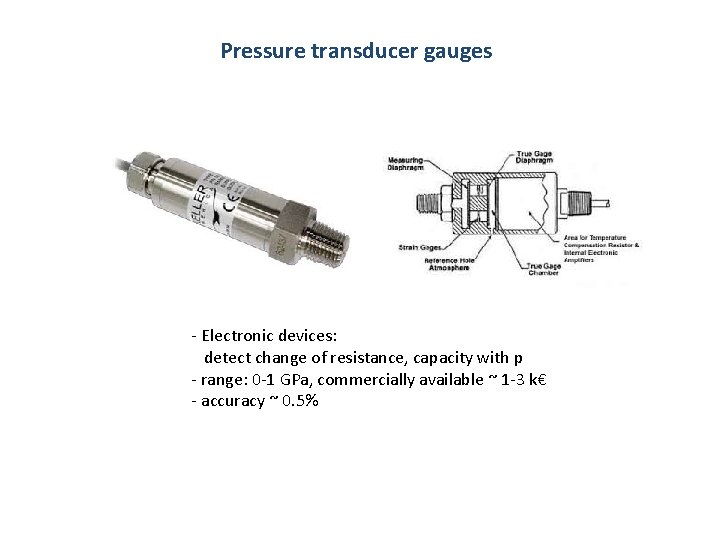 Pressure transducer gauges - Electronic devices: detect change of resistance, capacity with p -