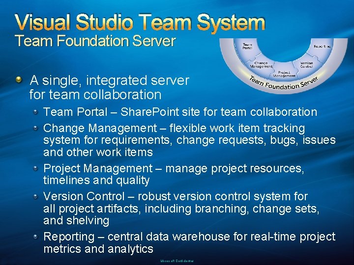 Visual Studio Team System Team Foundation Server A single, integrated server for team collaboration