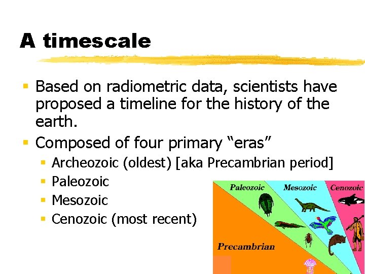 A timescale § Based on radiometric data, scientists have proposed a timeline for the
