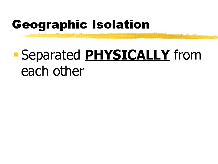 Geographic Isolation § Separated PHYSICALLY from each other 
