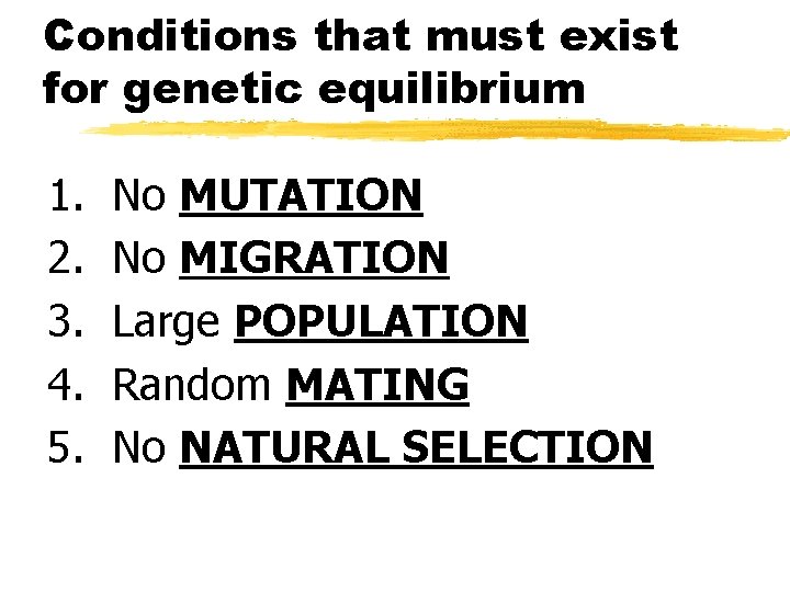 Conditions that must exist for genetic equilibrium 1. 2. 3. 4. 5. No MUTATION