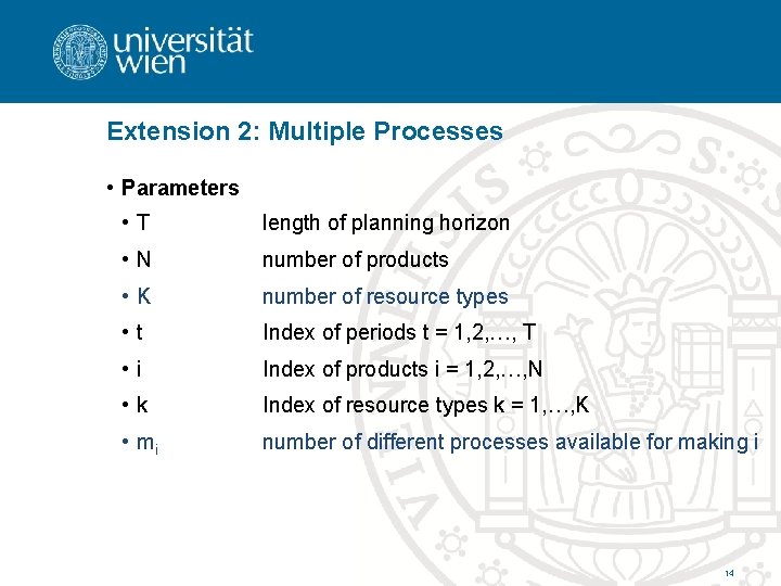 Extension 2: Multiple Processes • Parameters • T length of planning horizon • N