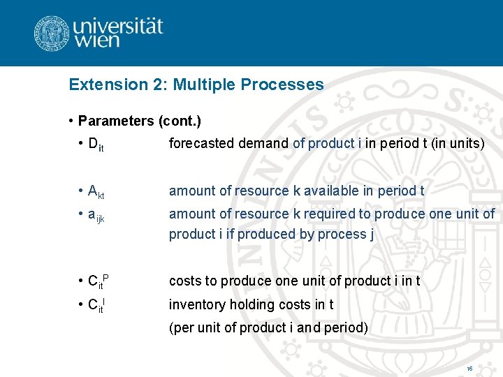 Extension 2: Multiple Processes • Parameters (cont. ) • Dit forecasted demand of product