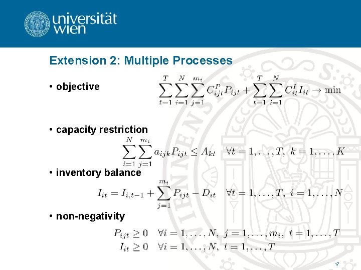 Extension 2: Multiple Processes • objective • capacity restriction • inventory balance • non-negativity