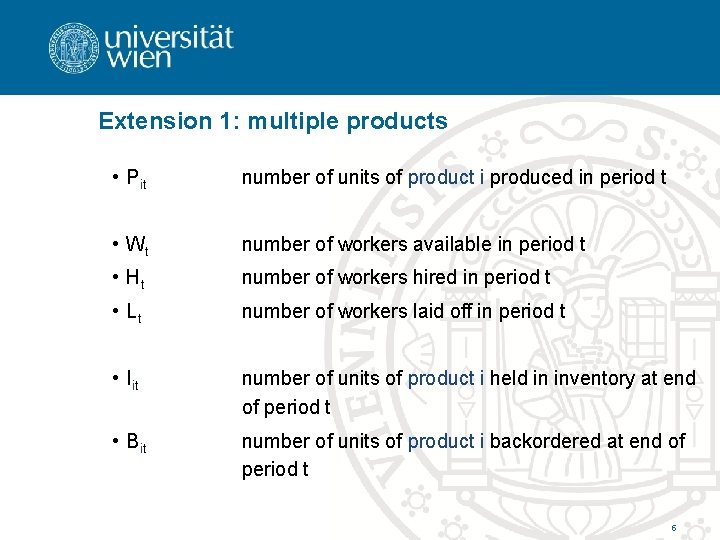 Extension 1: multiple products • Pit number of units of product i produced in