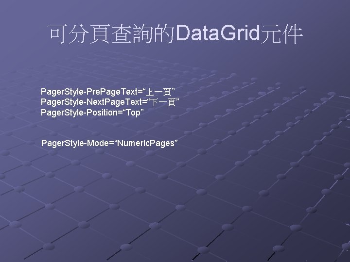 可分頁查詢的Data. Grid元件 Pager. Style-Pre. Page. Text=“上一頁” Pager. Style-Next. Page. Text=“下一頁” Pager. Style-Position=“Top” Pager. Style-Mode=“Numeric.