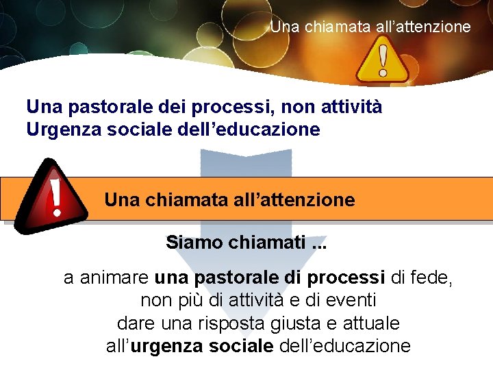 Una chiamata all’attenzione Una pastorale dei processi, non attività Urgenza sociale dell’educazione Una chiamata