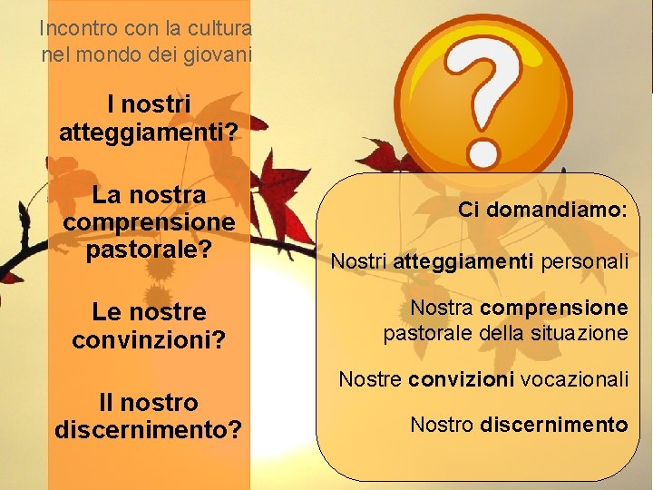 Incontro con la cultura nel mondo dei giovani I nostri atteggiamenti? La nostra comprensione